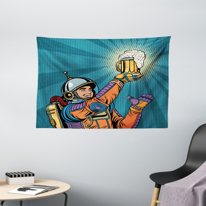 Astronaut Holds Beer Wide Tapestry