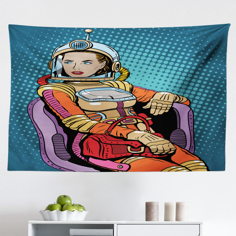 Pop Art Mikrofiber Geniş Duvar Halısı Sanatsal Kırmızı Çantalı Kadın Astronot