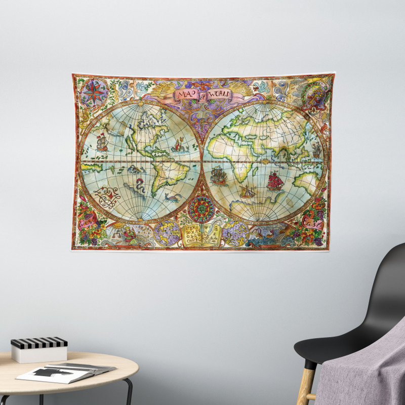 Vintage World Map Wide Tapestry