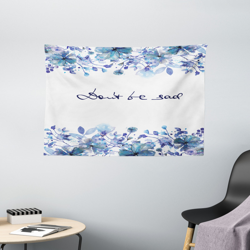 Blue Flowers Leaves Wide Tapestry