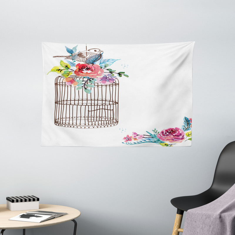 Sketch Bird Cage Wide Tapestry