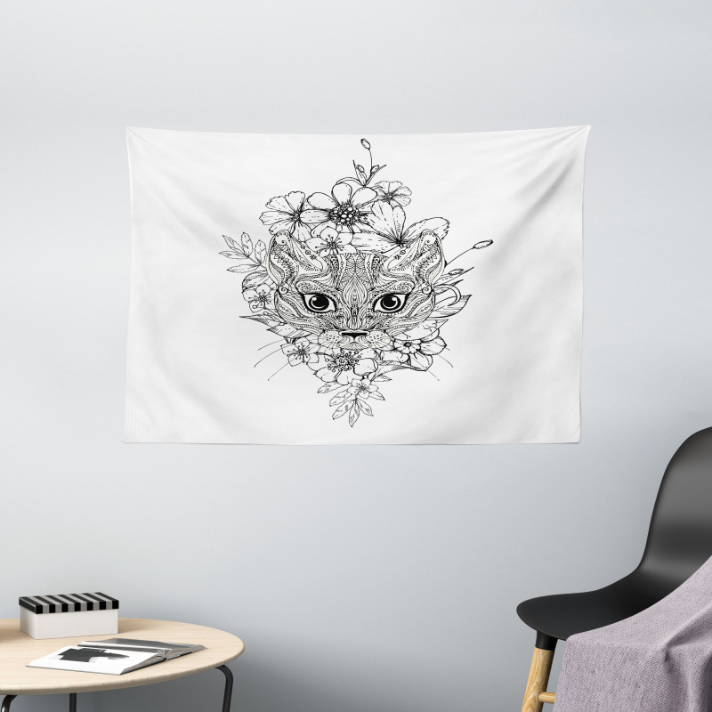Hand Drawn Cat Image Wide Tapestry