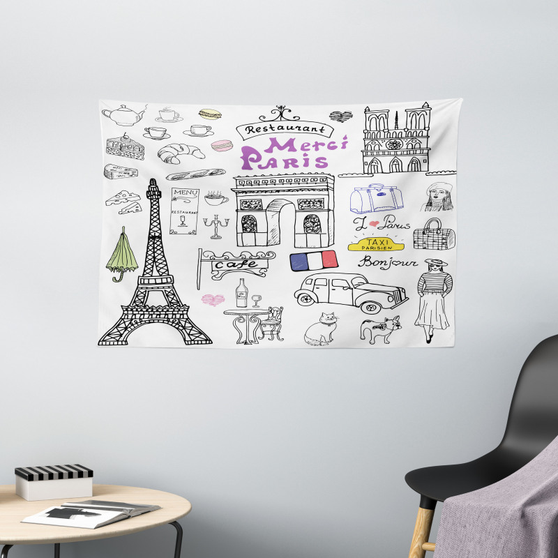 Eiffel Tower Beret Taxi Wide Tapestry
