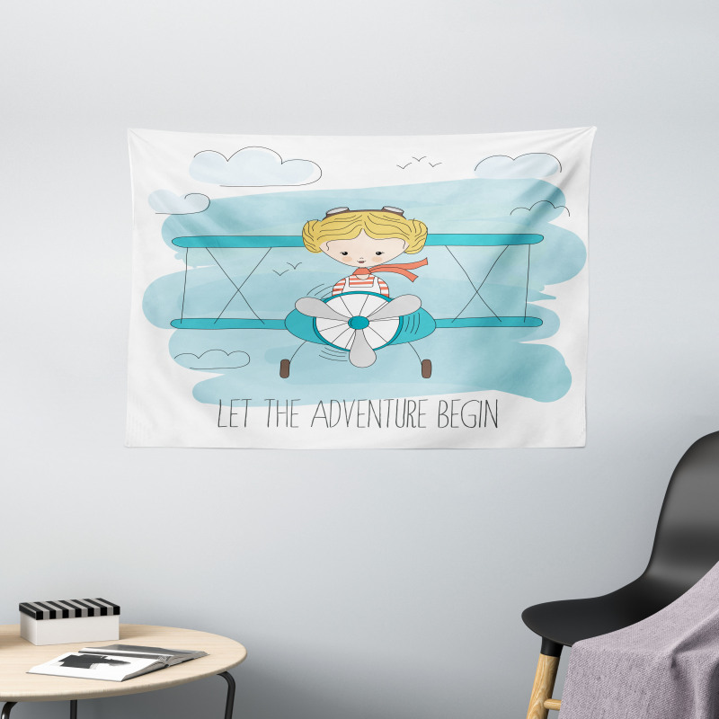 Girl on Plane Wide Tapestry