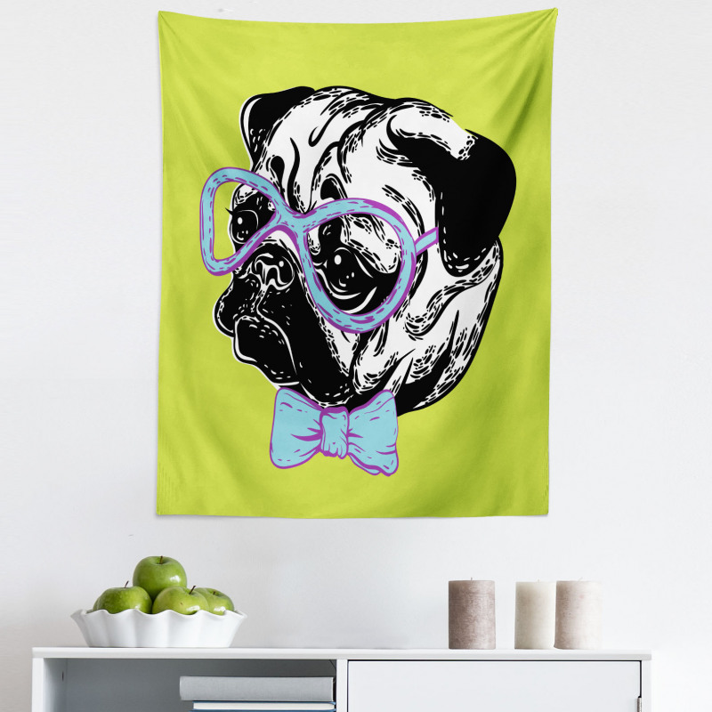 Pug Köpek Mikrofiber Duvar Halısı Mavi Mor Gözlüklü Sevimli Yüzlü Hayvan