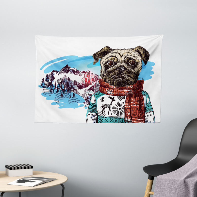 Sketch Style Dog Doodle Wide Tapestry