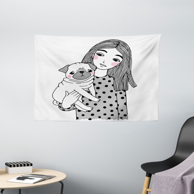 Girl Holding Her Pug Love Wide Tapestry