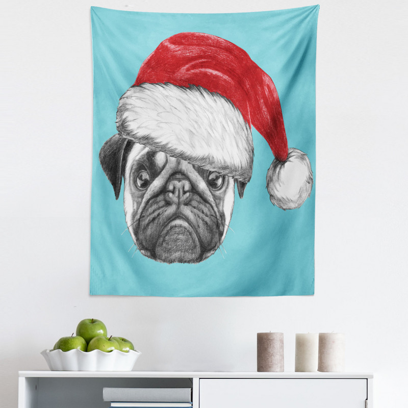 Hayvan Mikrofiber Duvar Halısı Noel Baba Şapkalı Tatlı Pug Köpek Mavi Fonlu