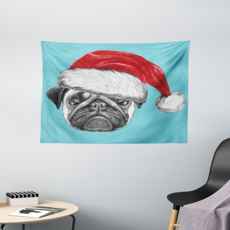 Dog with Santa Hat X-Mas Wide Tapestry