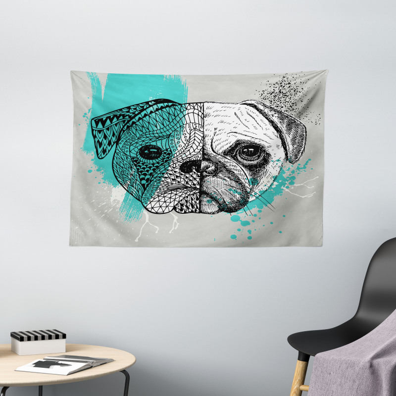 Hand Drawn Head of a Dog Wide Tapestry