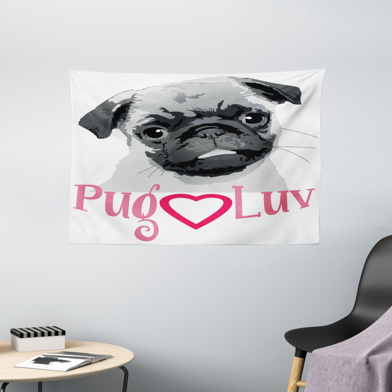 Pug Love Image Grey Wide Tapestry