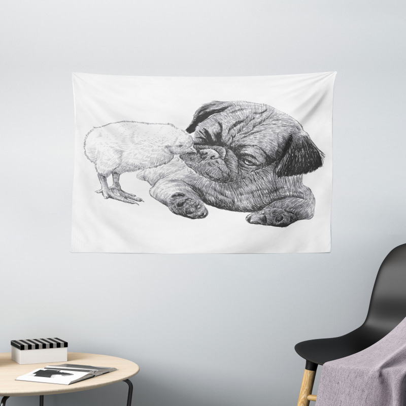 Pug Little Chick Hand Drawn Wide Tapestry
