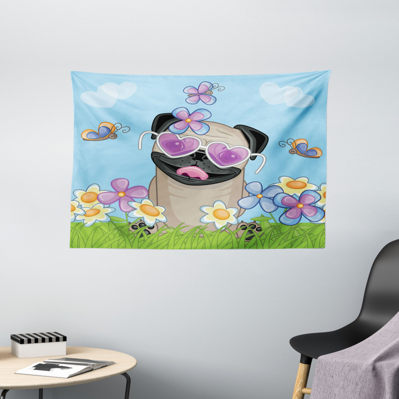 Puppy on the Field Flowers Wide Tapestry