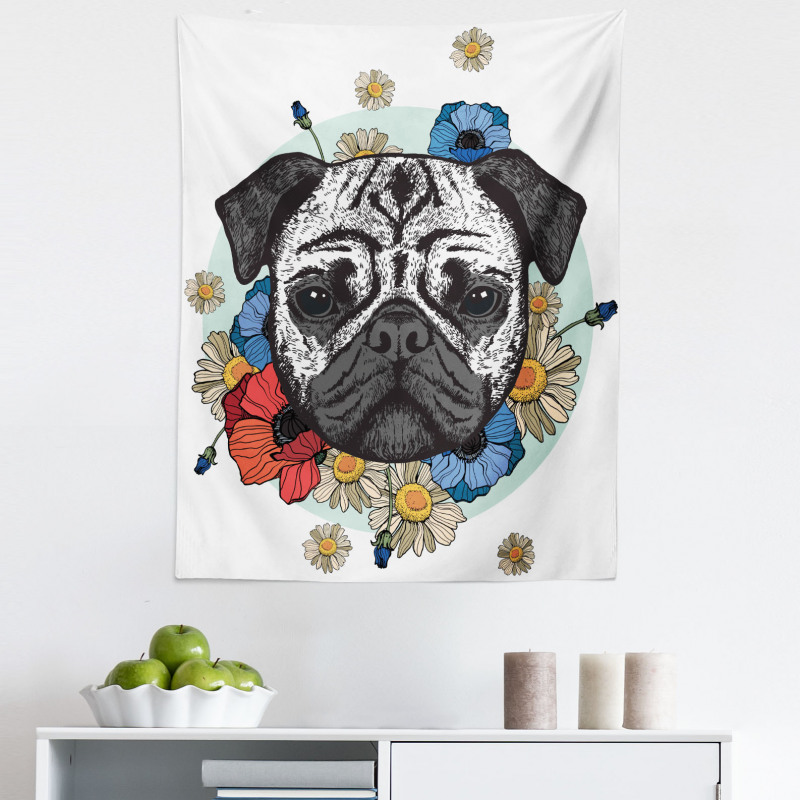 Hayvan Mikrofiber Duvar Halısı Sevimli Çiçekli Pug Köpek Yüzü Beyaz Fonlu