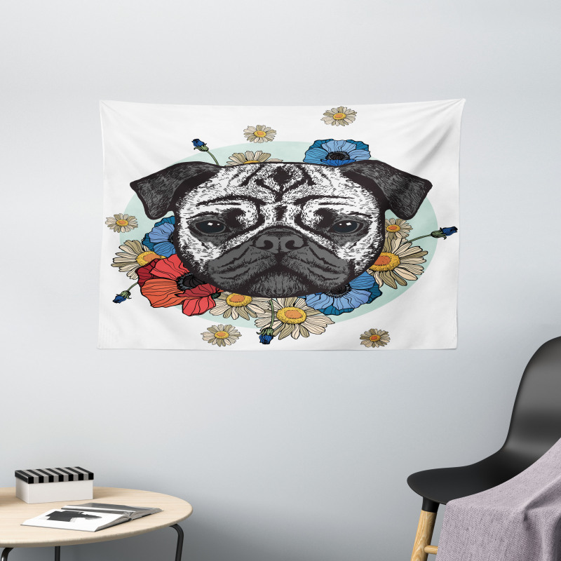 Black and White Head of Dog Wide Tapestry