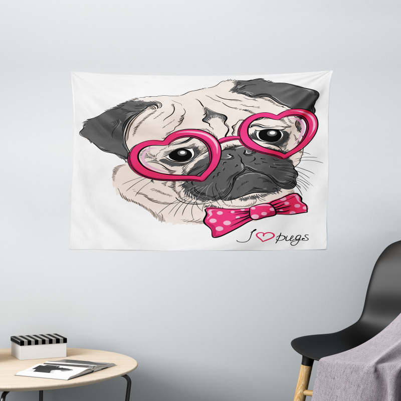 Dog with Heart Glasses Bow Wide Tapestry