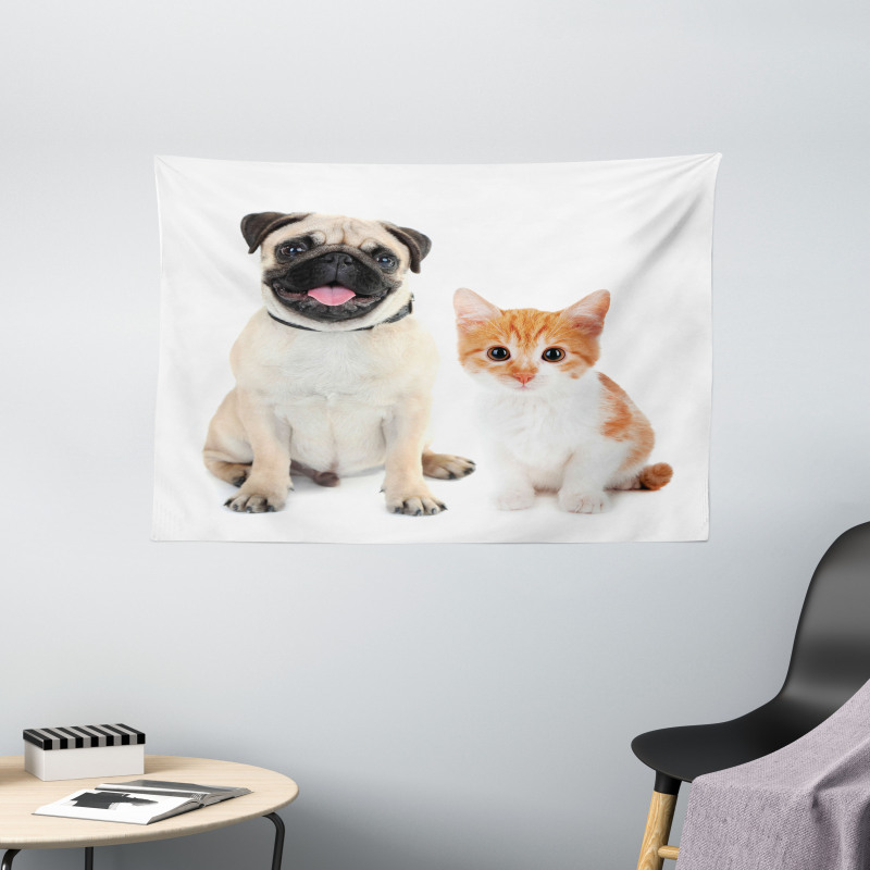 Kitten and Puppy Photo Wide Tapestry