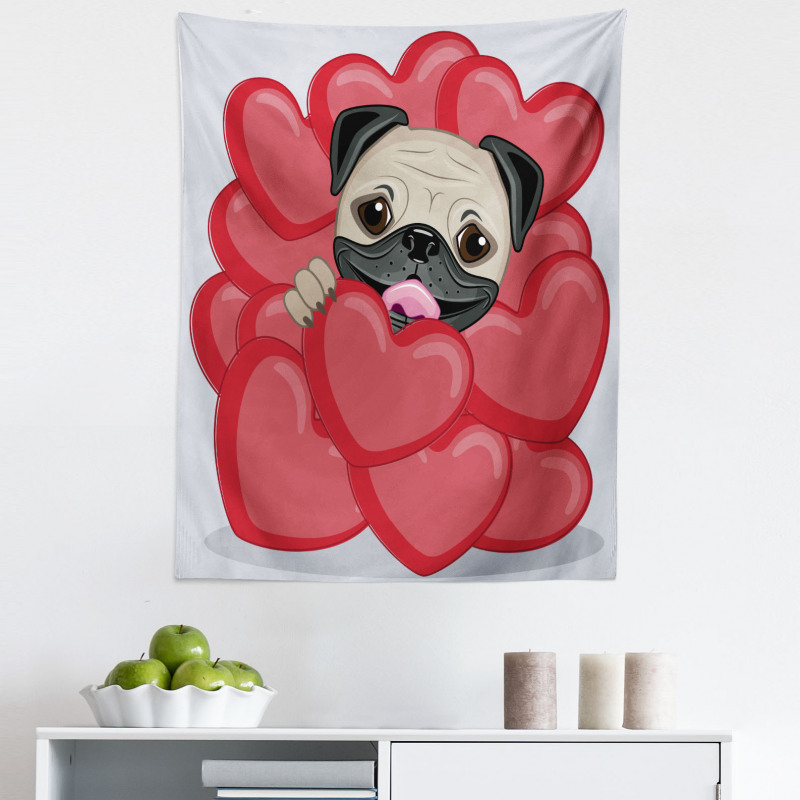 Romantik Mikrofiber Duvar Halısı Sevgililer Günü Kalpler İçinde Pug Köpek