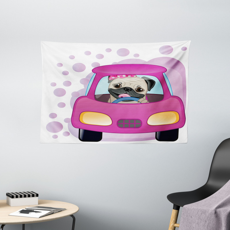 Dog Driving on Car Wide Tapestry