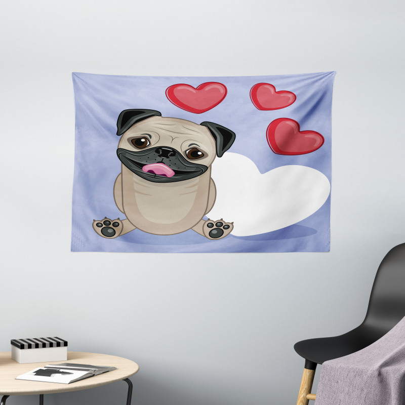 Happy Dog with Hearts Wide Tapestry