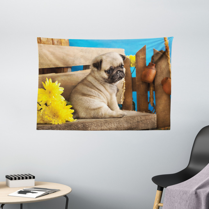 Puppy Photography on Bench Wide Tapestry