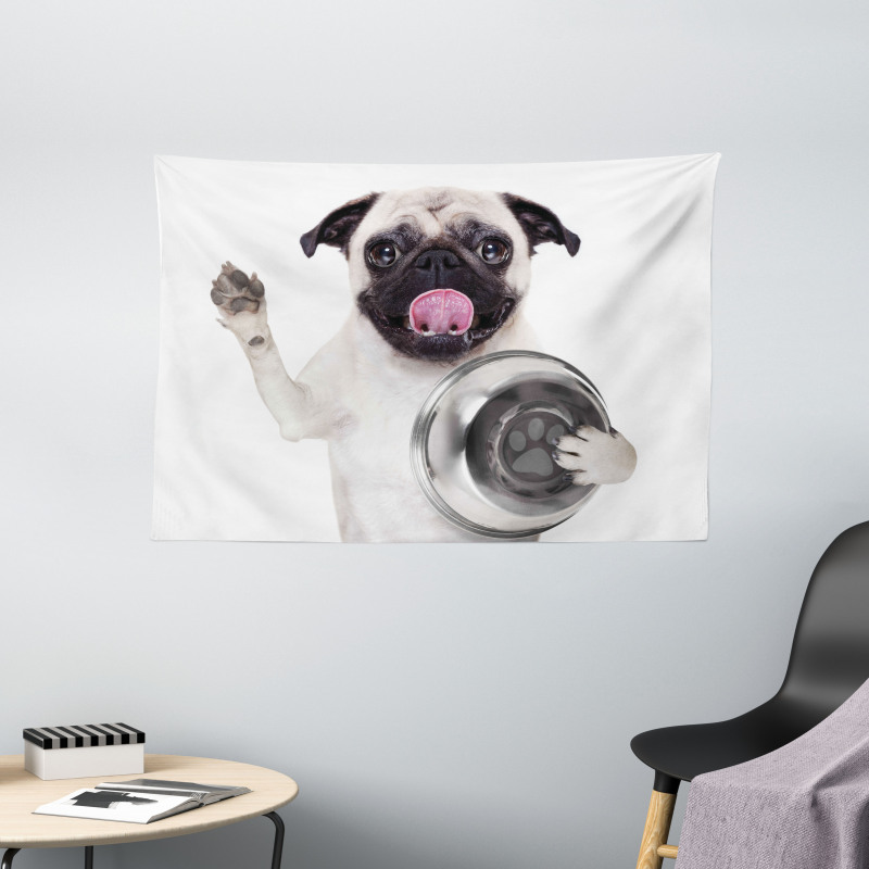 Dog Holding Food Bowl Wide Tapestry