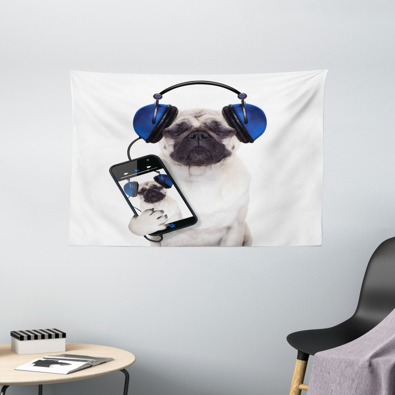 Music Listening Dog Phone Wide Tapestry