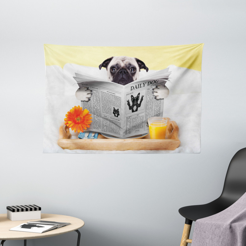 Pug Reading News Daily Dog Wide Tapestry