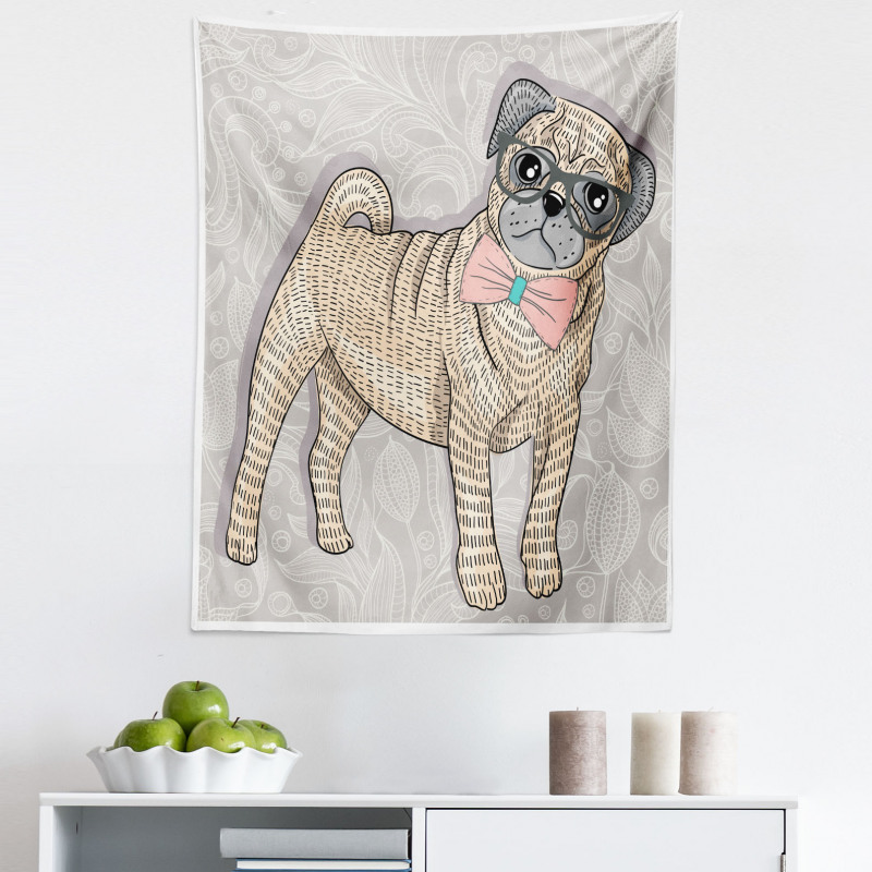 Pug Köpek Mikrofiber Duvar Halısı Grafik Tasarım Gözlüklü Papyonlu Hayvan 