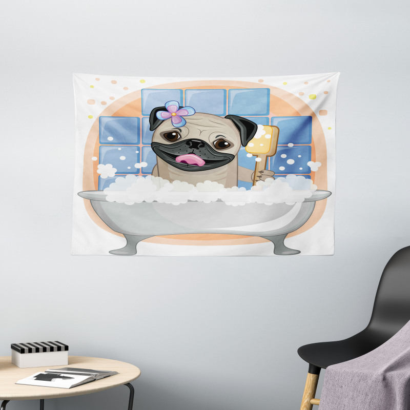 Dog Bath Caricature Funny Wide Tapestry