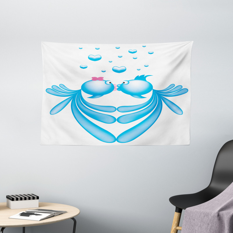 Blue Cartoon Fishes Heart Wide Tapestry