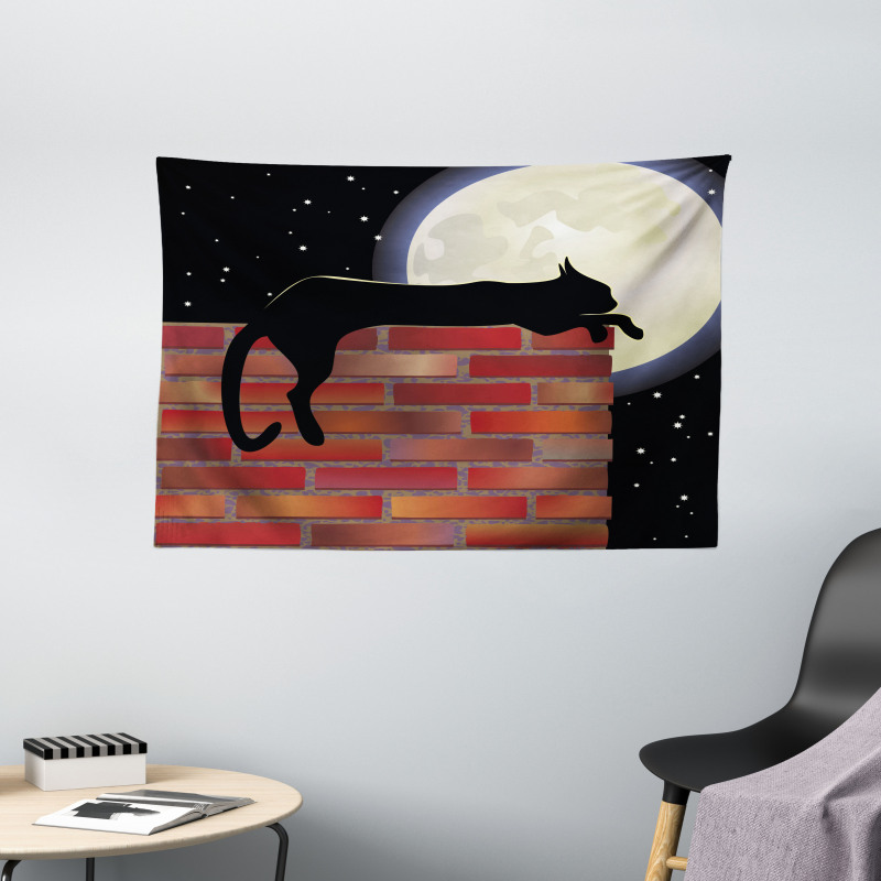 Sillhouette Cat Resting Wide Tapestry