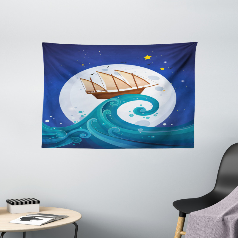 Old Ship Riding Waves Wide Tapestry