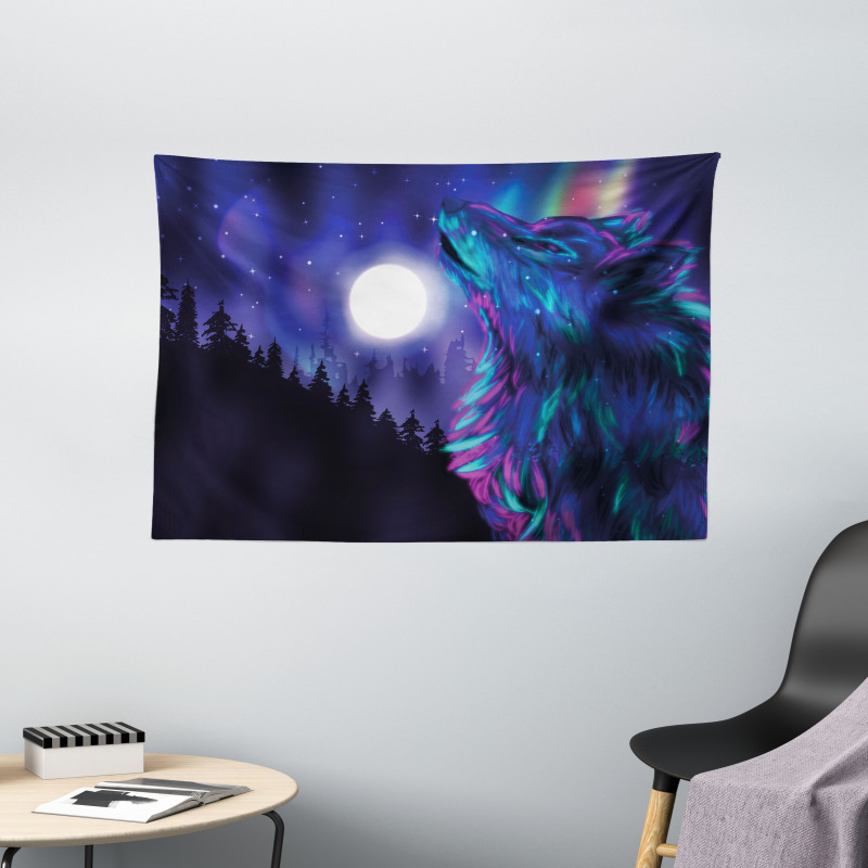Aurora Borealis and Wolf Wide Tapestry