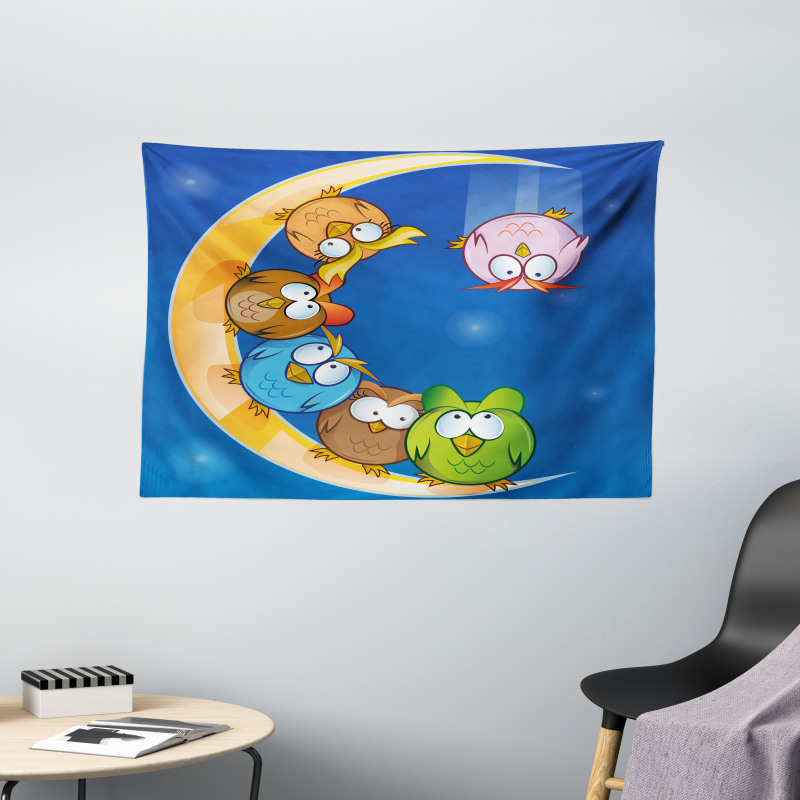 Cartoon Moon Owls Playing Wide Tapestry