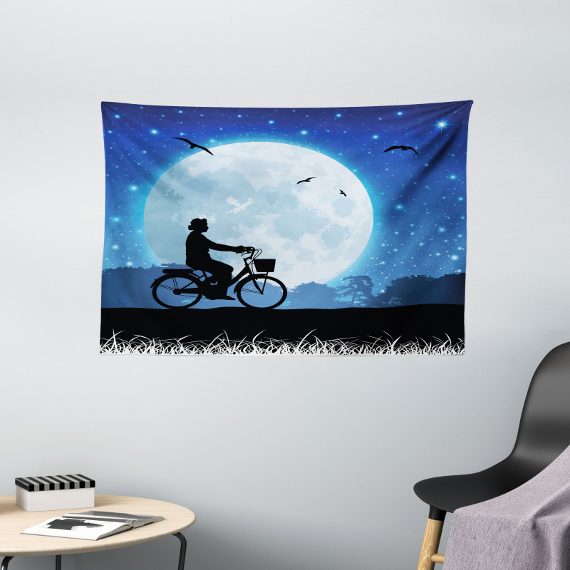 Person Rides Bicycle Night Wide Tapestry