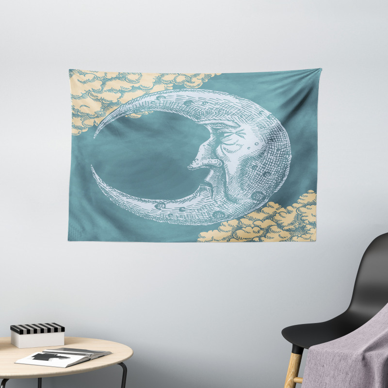 Vintage Crescent Moon Wide Tapestry
