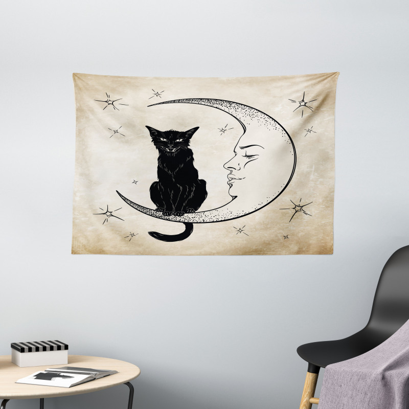 Black Cat Siting on Moon Wide Tapestry