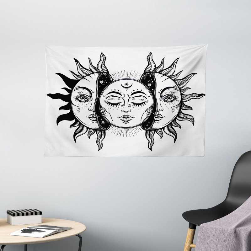 Monochrome Sun and Moon Wide Tapestry