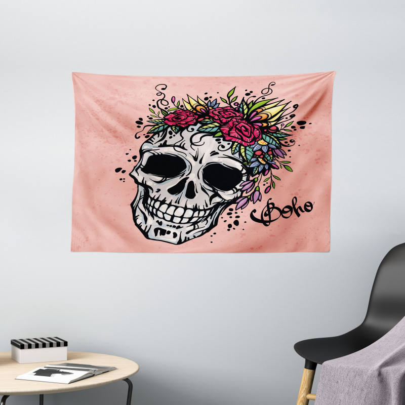 Skull Boho Floral Wreath Wide Tapestry