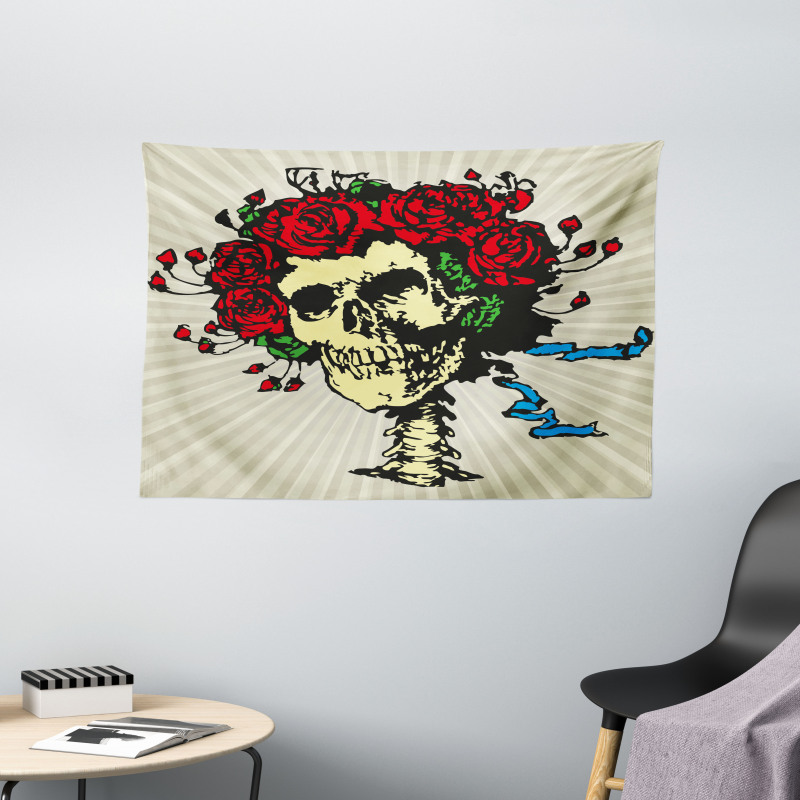 Skull in Red Flowers Crown Wide Tapestry