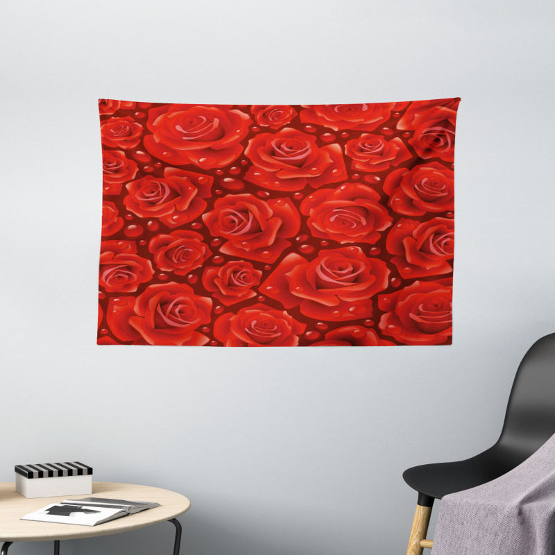 Red Roses Water Rain Drops Wide Tapestry