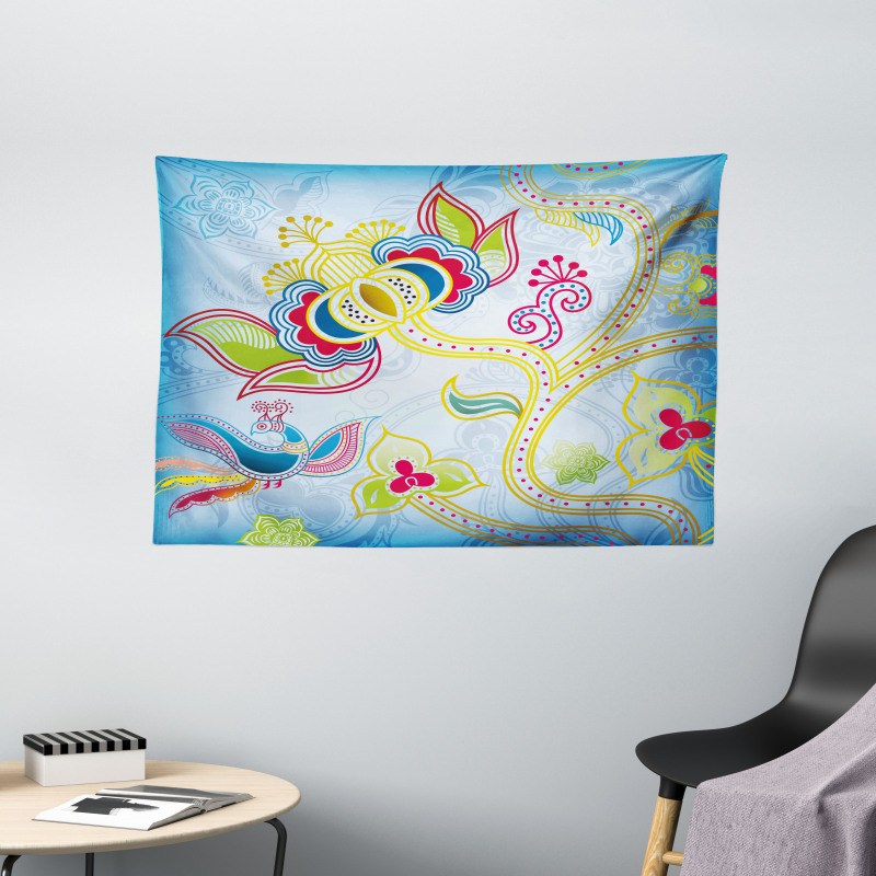 Colorful Floral Art Motif Wide Tapestry