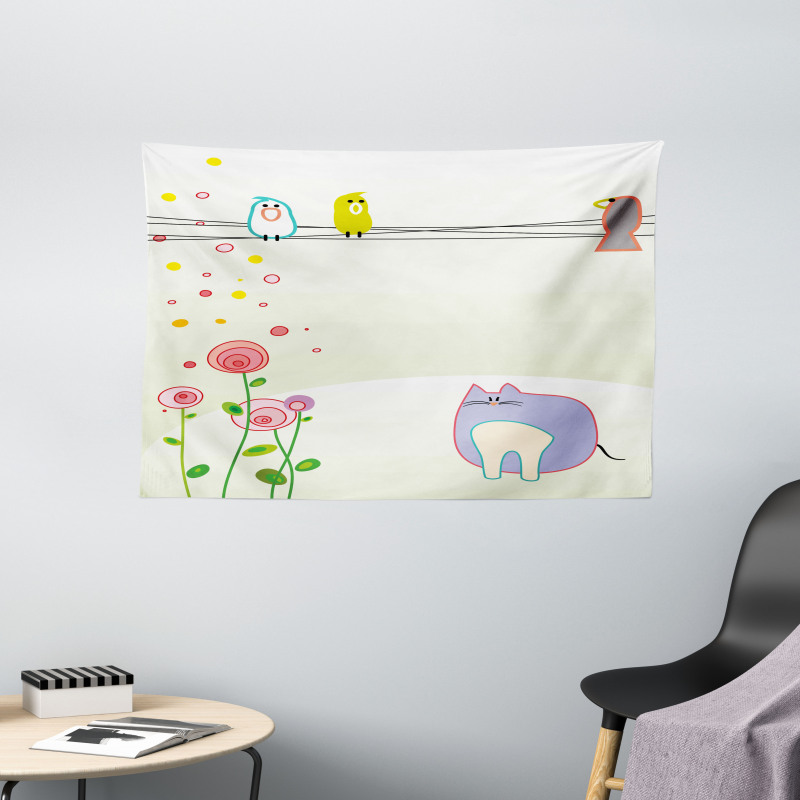 Bird Cat Flowers Wide Tapestry