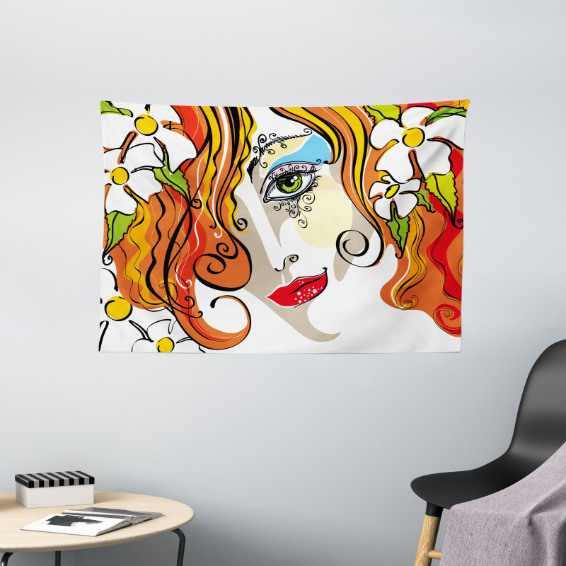 Woman Red Hair Floral Wide Tapestry