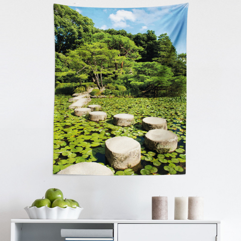 Uzak Doğu Mikrofiber Duvar Halısı Zen Taşlı Yemyeşil Japon Bahçesi Lotuslu