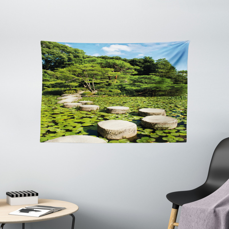 Japanese Stone Path Lotus Wide Tapestry