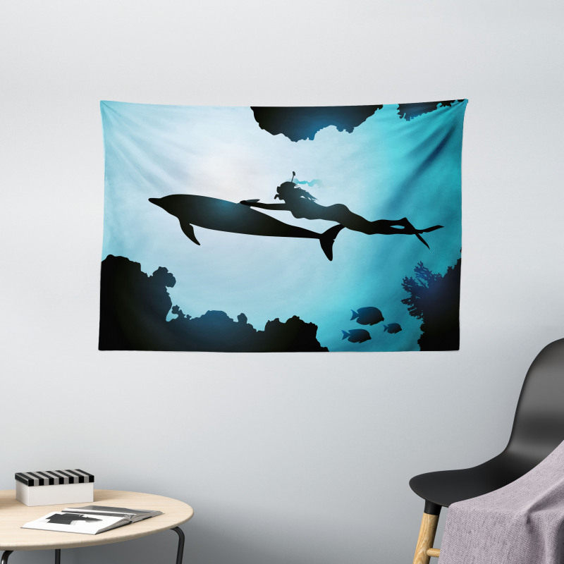 Diver Girl with Dolphin Wide Tapestry