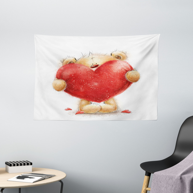 Romantic Mascot Red Heart Wide Tapestry