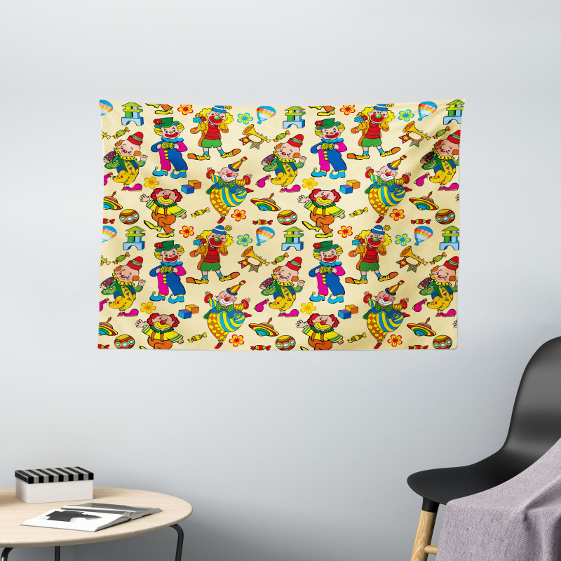 Funny Cartoonish Clowns Wide Tapestry